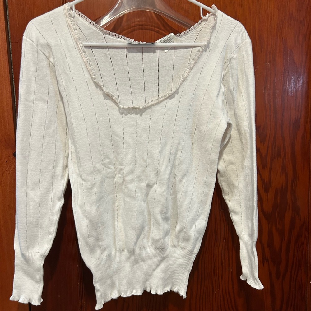Vintage Y2K intimate approach Cream Ribbed lettuce hem Women's Blouse